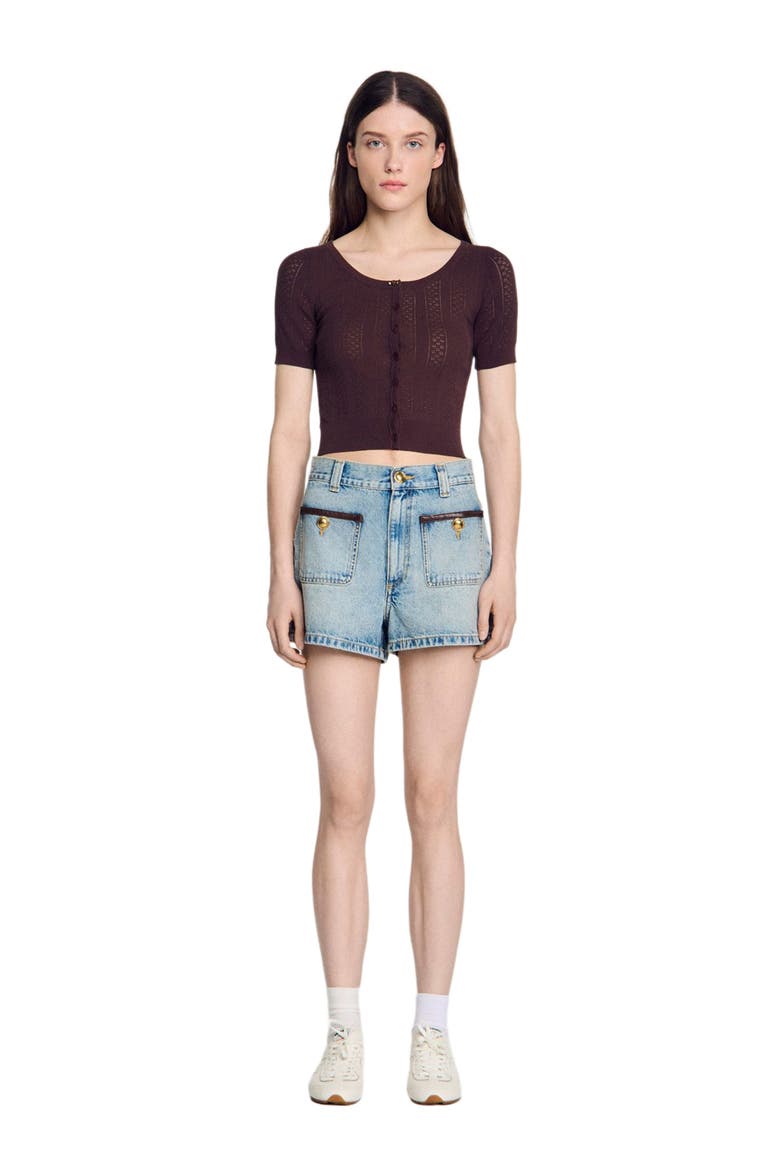 Pointelle knit cardigan, Alternate, color, Brown