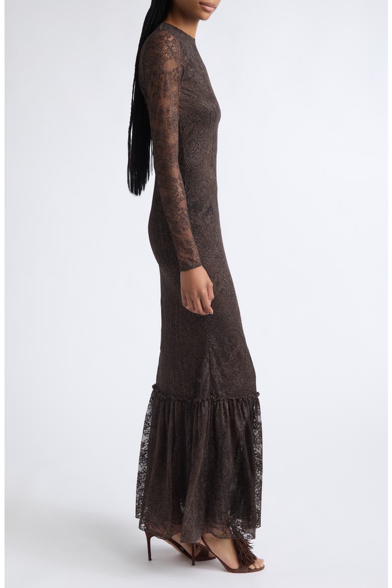 Long Sleeve Lace Jersey Maxi Dress, Alternate, color, BROWN