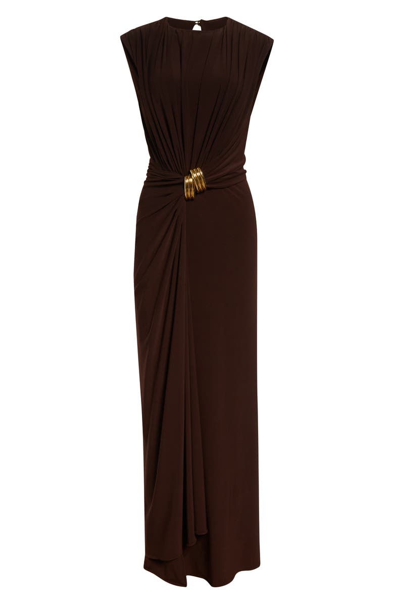 Brandon Maxwell The Serena Draped Jersey Maxi Dress, Alternate, color, Espresso/ Gold