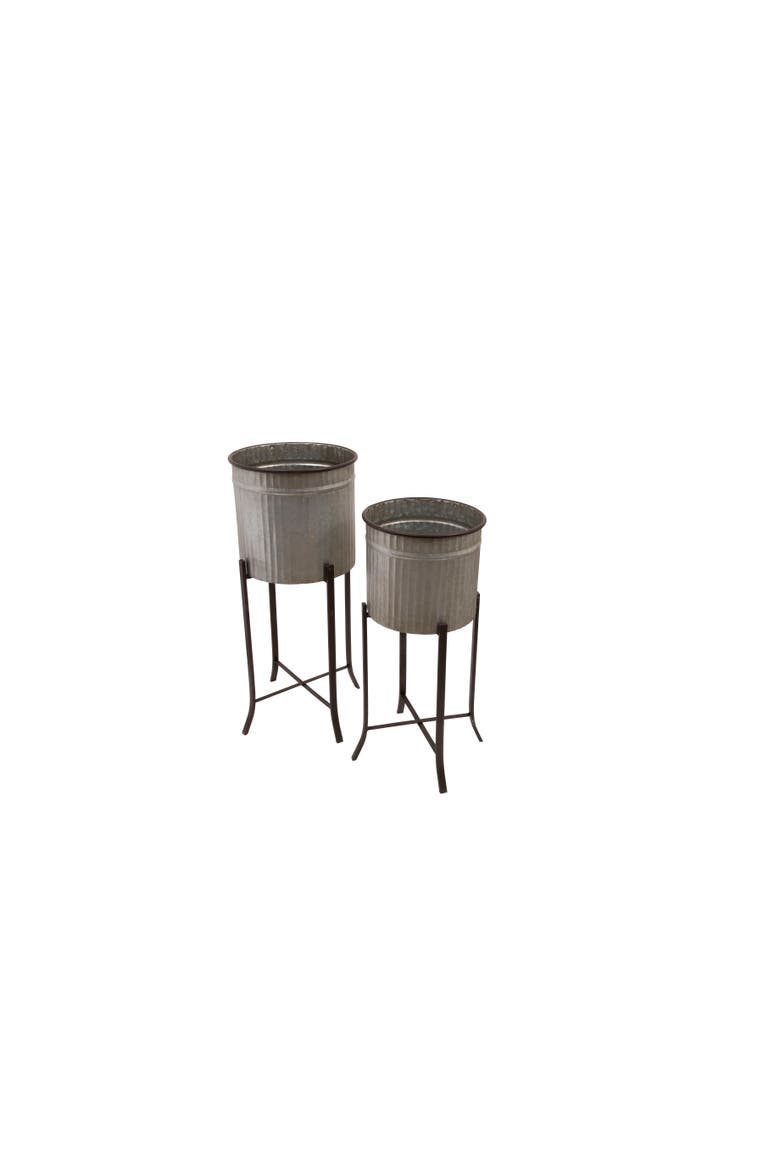 Round Corrugated Metal Planters on Stands, Silver and Black, Set of 2, Main, color, Silver