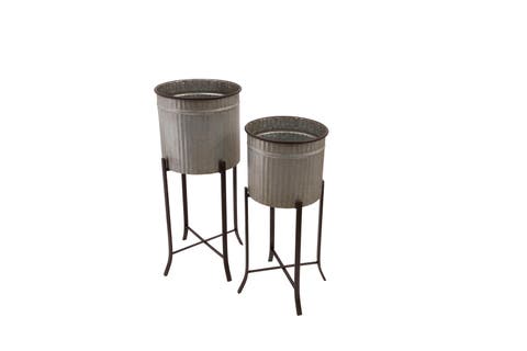 Round Corrugated Metal Planters on Stands, Silver and Black, Set of 2