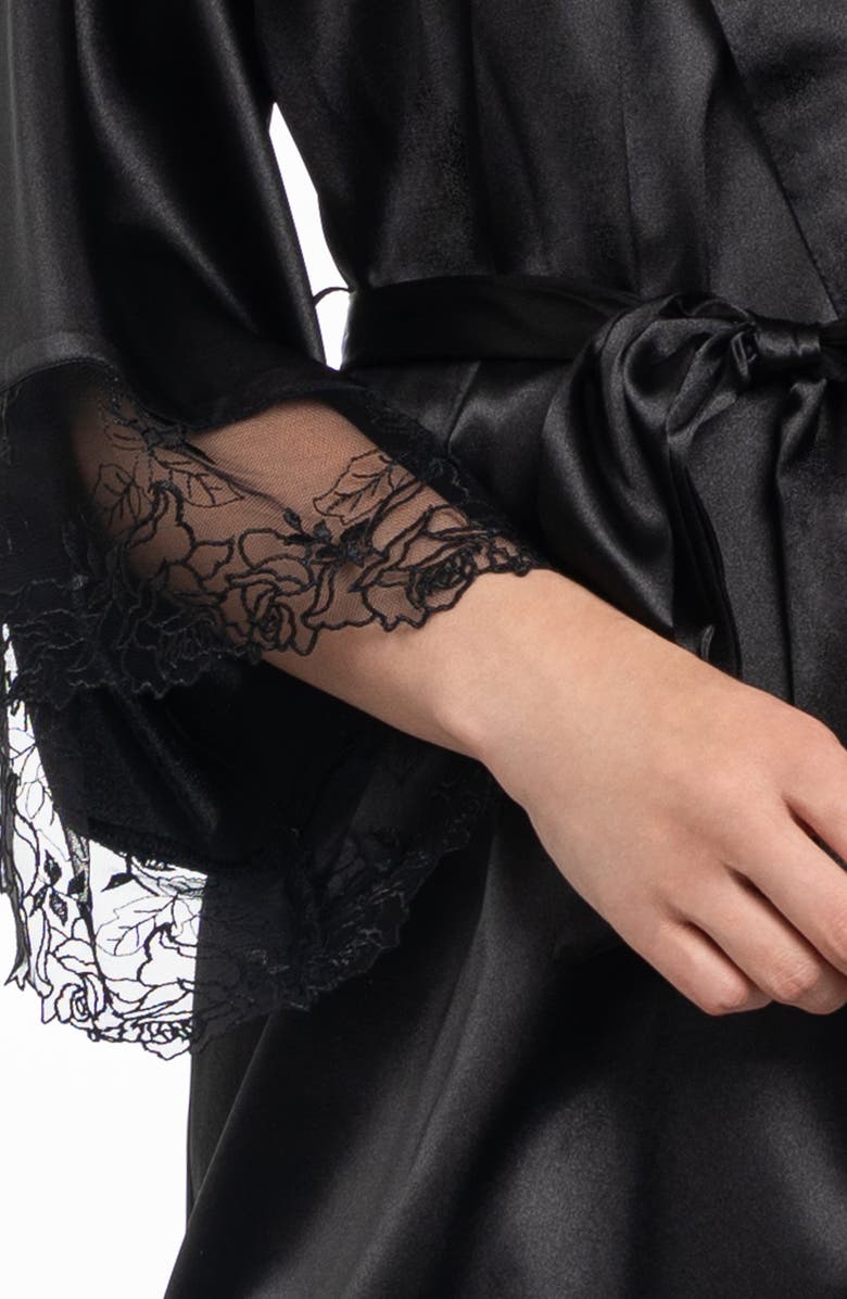 In Bloom by Jonquil Tasha Embroidered Lace Trim Satin Wrap, Alternate, color, Black