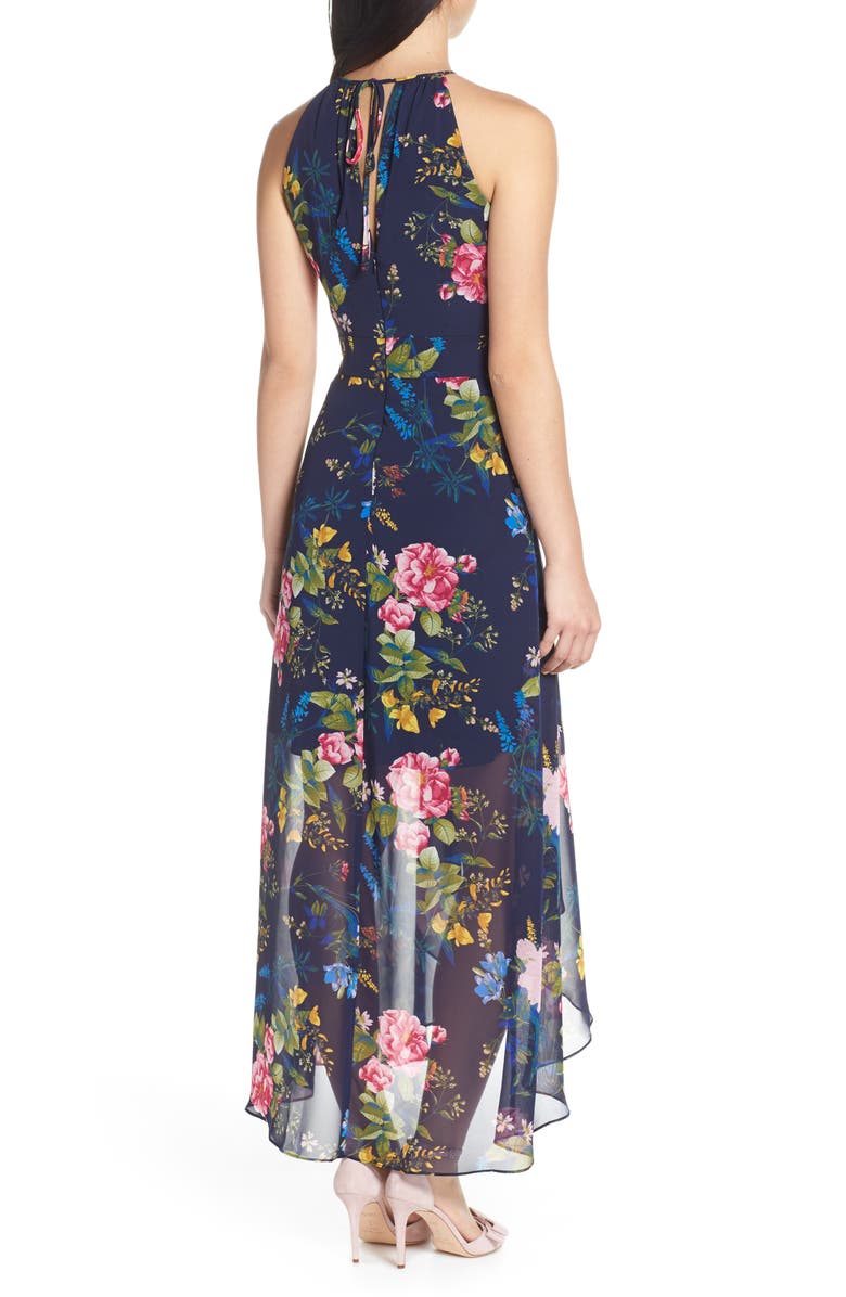 Eliza J Floral Print Chiffon High/Low Halter Midi Dress, Alternate, color, 