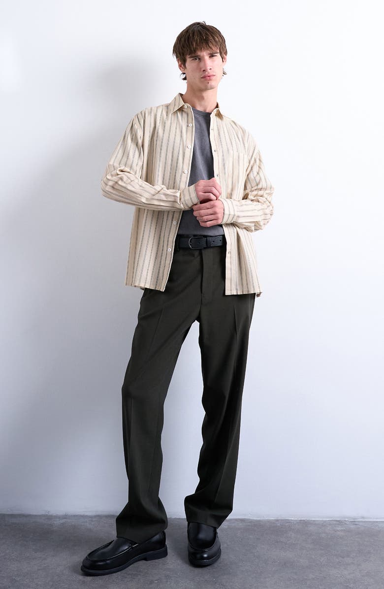 Topman Relaxed Fit Stripe Cotton & Linen Button-Up Shirt, Alternate, color, Stone