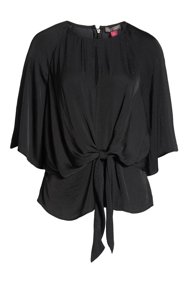 Bell Sleeve Tie Waist Hammered Satin Blouse, Alternate, color, RICH BLACK