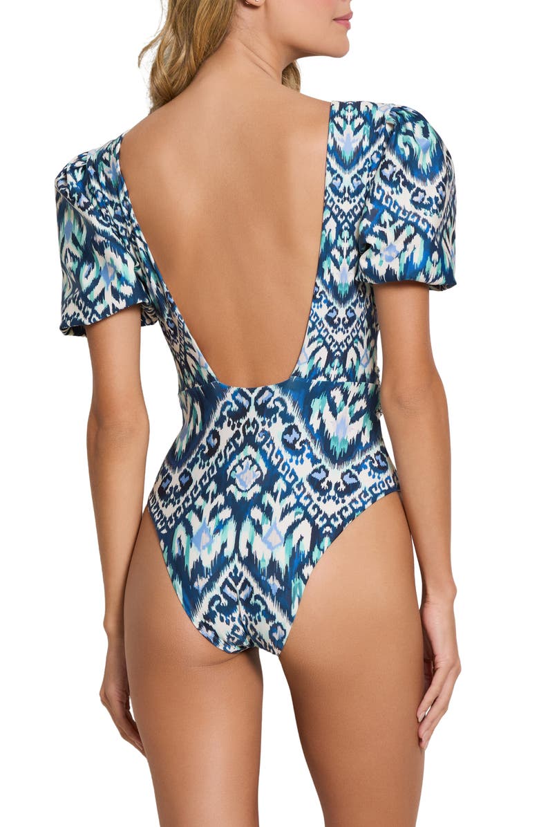 Cosita Linda Short Sleeve Plunge One-Piece Swimsuit, Alternate, color, Aqua Splash