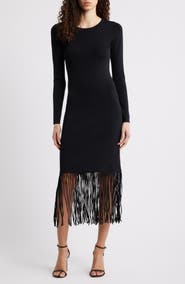 Elie Tahari Roma Fringe Hem Long Sleeve Body-Con Dress