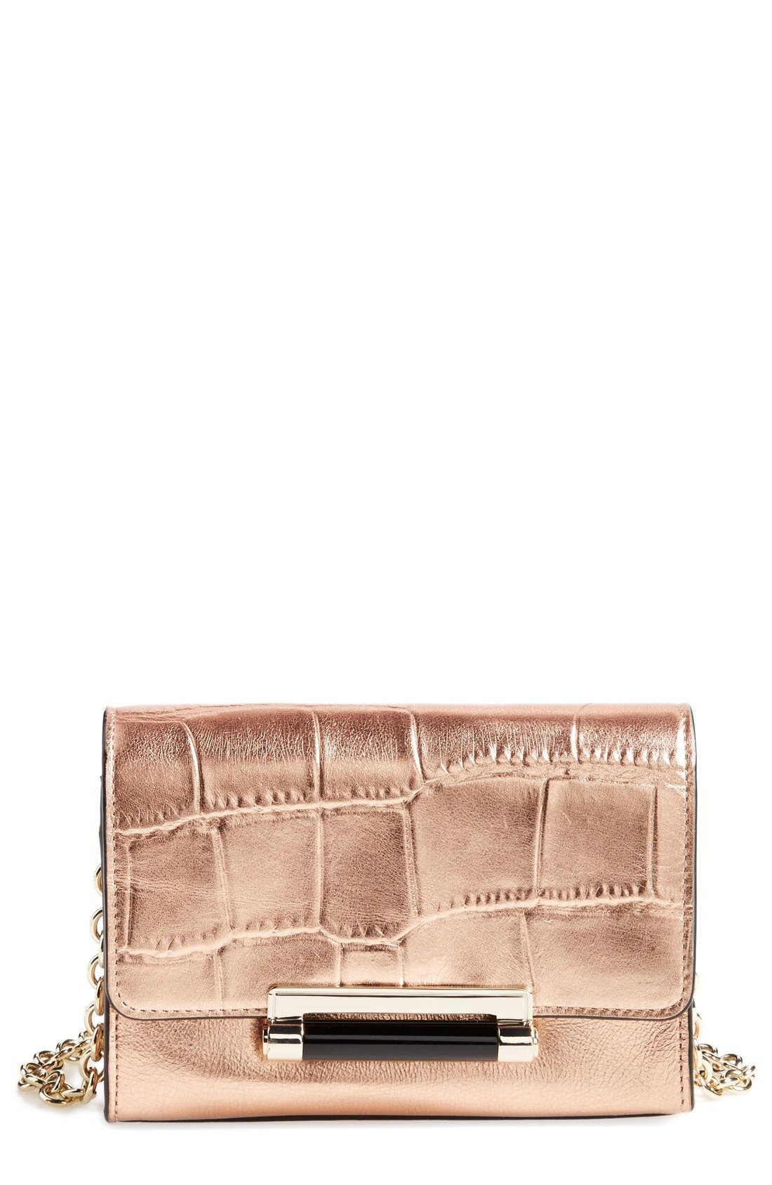 'Micro Mini 440' Croc Embossed Metallic Leather Crossbody Bag, Main, color, ROSE GOLD