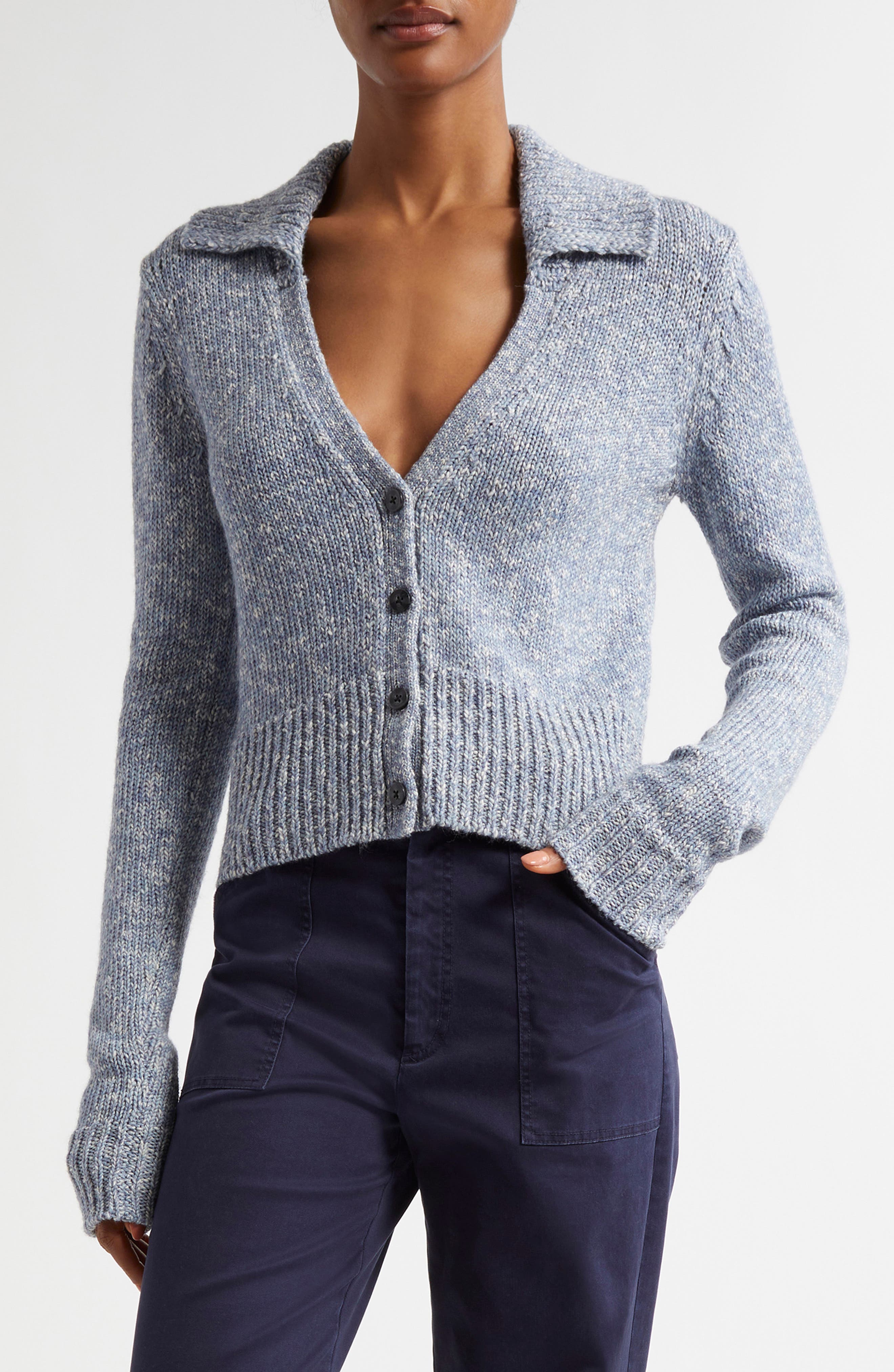Atm Anthony Thomas Melillo Crop Collared Cardigan In Pastel Blue Marl