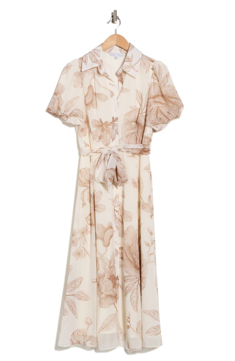 SANDRA DARREN Floral Puff Sleeve Shirtdress, Main, color, White/ Mocha