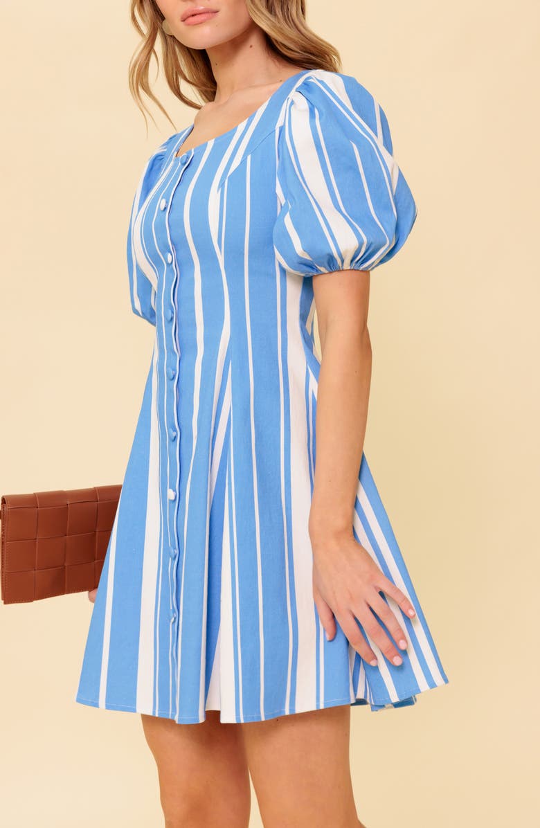 FLYING TOMATO Stripe Puff Sleeve Fit & Flare Minidress, Alternate, color, Ivory Blue