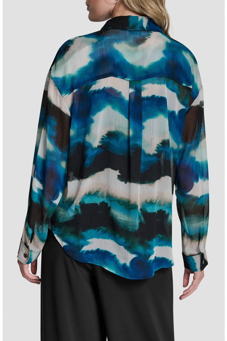 Print Long Sleeve Button-Up Chiffon Shirt, Alternate, color, MARBLED OCEAN