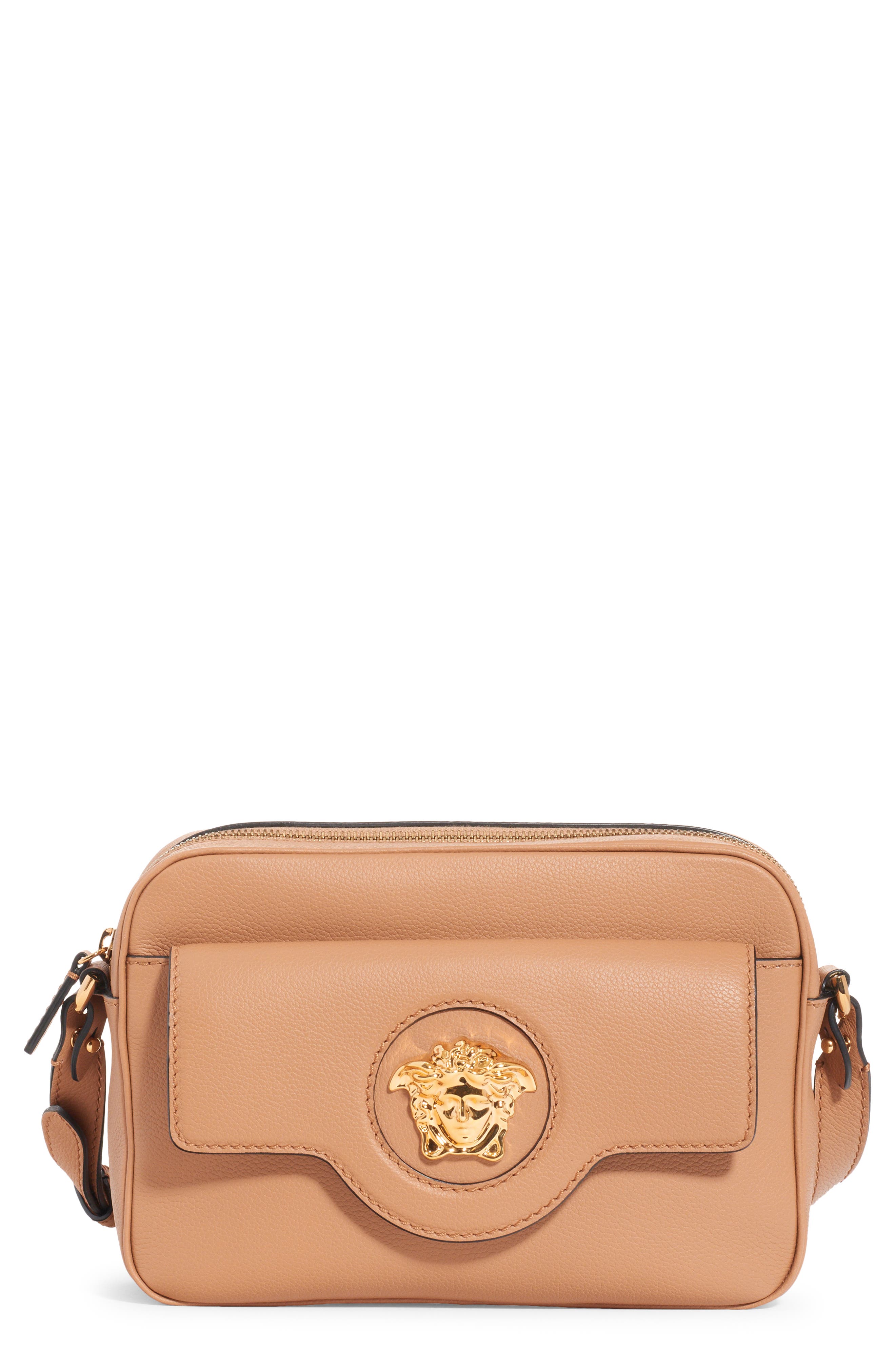 Medusa Leather Crossbody Camera Bag, Main, color, CARAMEL VERSACE GOLD