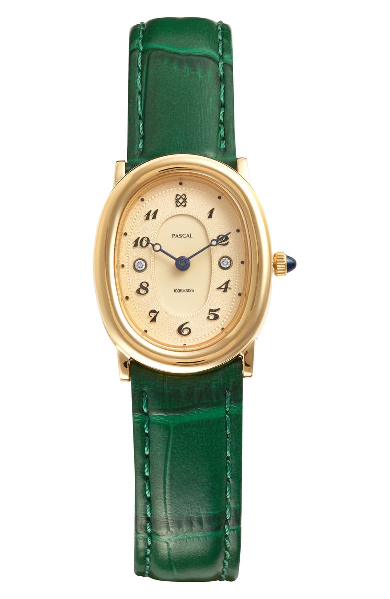 PASCAL Oval Bubble Lab Grown Diamond Leather Strap Watch, 24mm x 30mm, Main, color, Lush Green