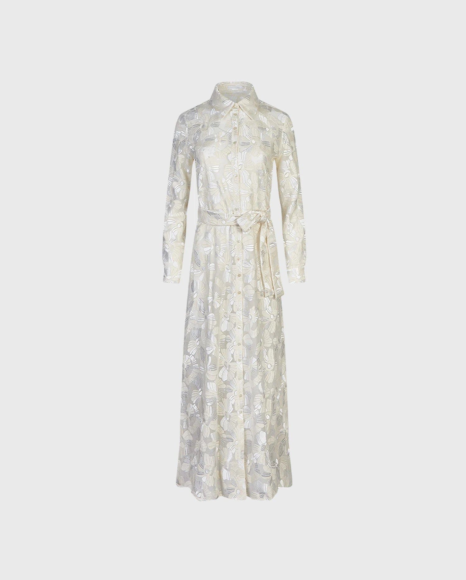 Women's Dress  Adelie White Full Length Sheer Shirt Dress With Embroidered Flowers