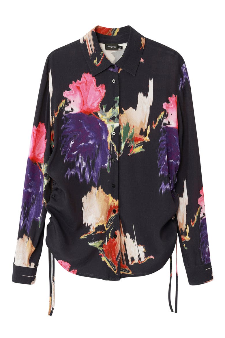 Nagoya Print Ruched Button-Up Shirt, Alternate, color, BLACK