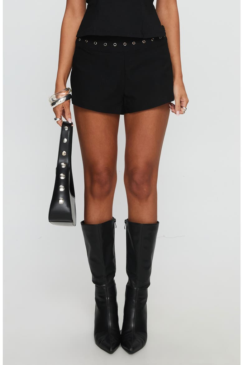 Chalise Rivet Detail Mini Shorts, Main, color, BLACK