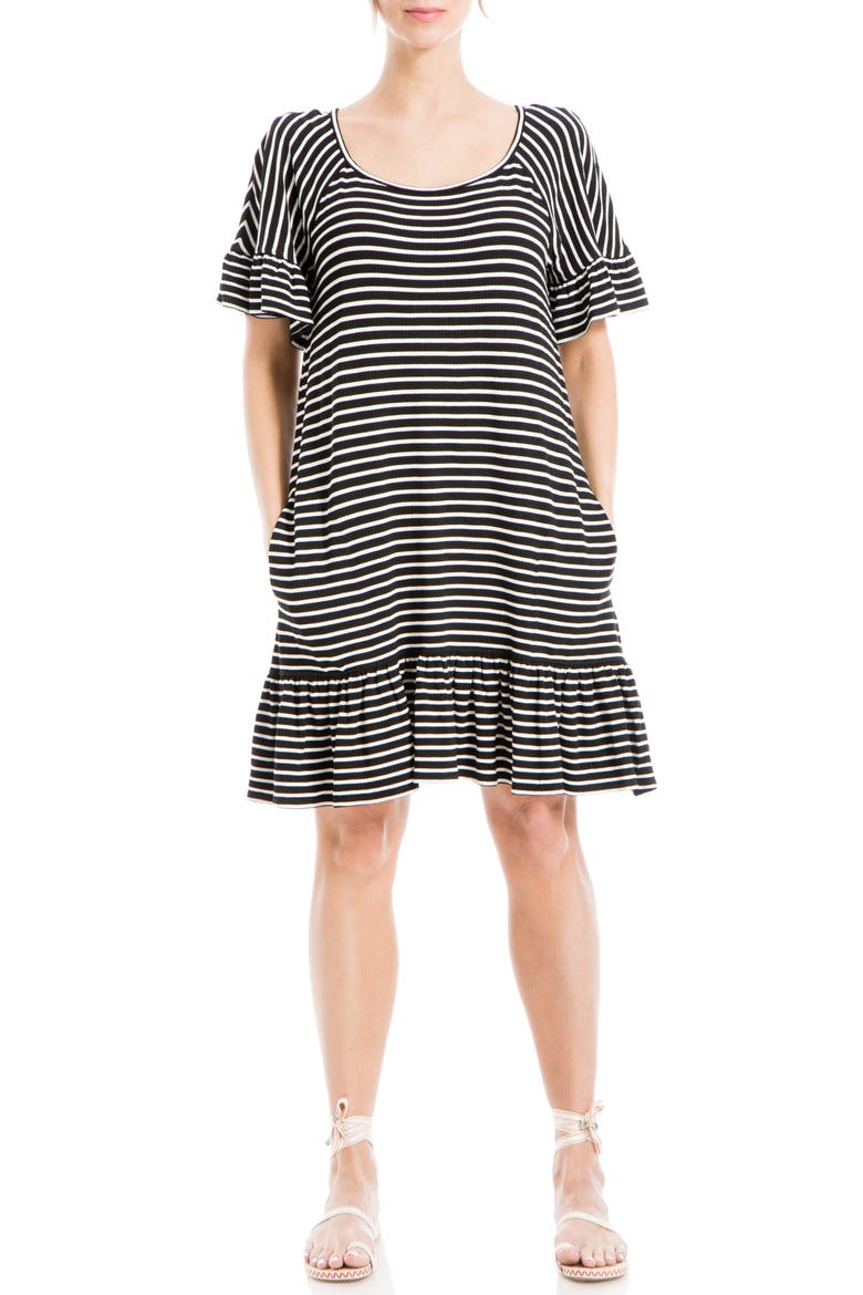 Stripe Ruffle Short Sleeve Shift Dress, Main, color, BLACK/ WHITE STRIPE