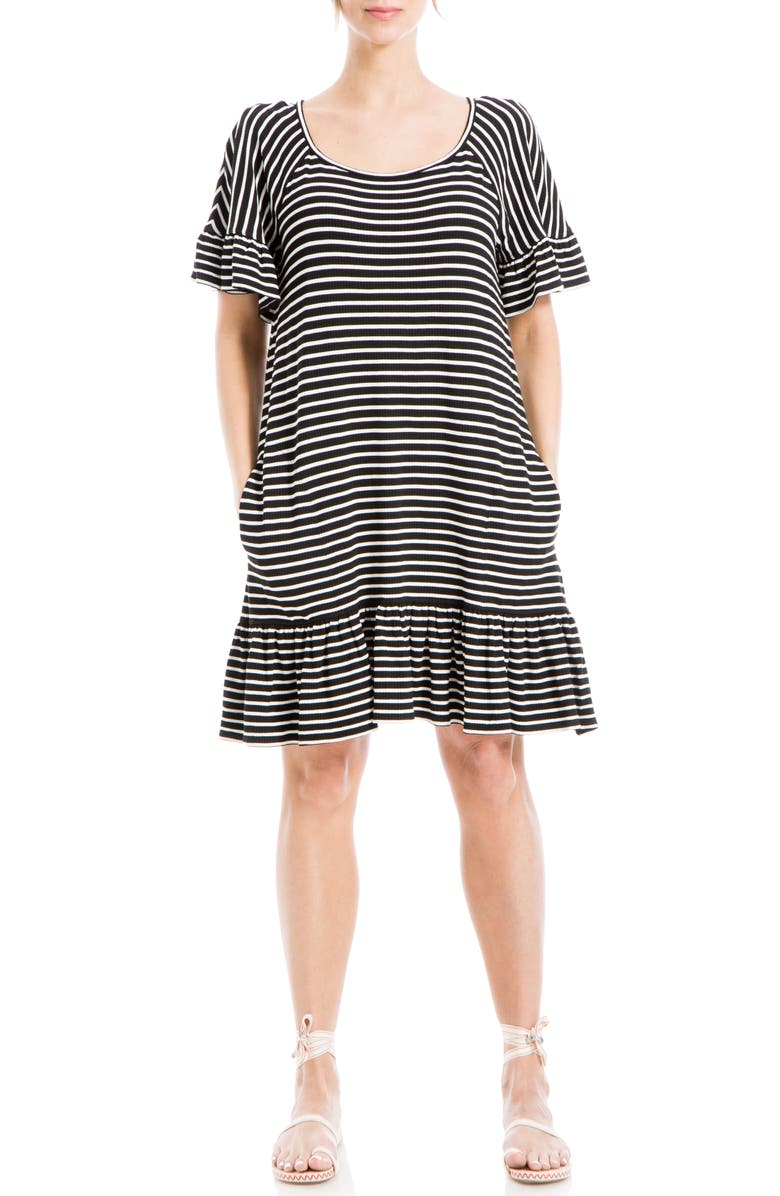 MAX STUDIO Stripe Ruffle Short Sleeve Shift Dress, Main, color, Black/ White Stripe