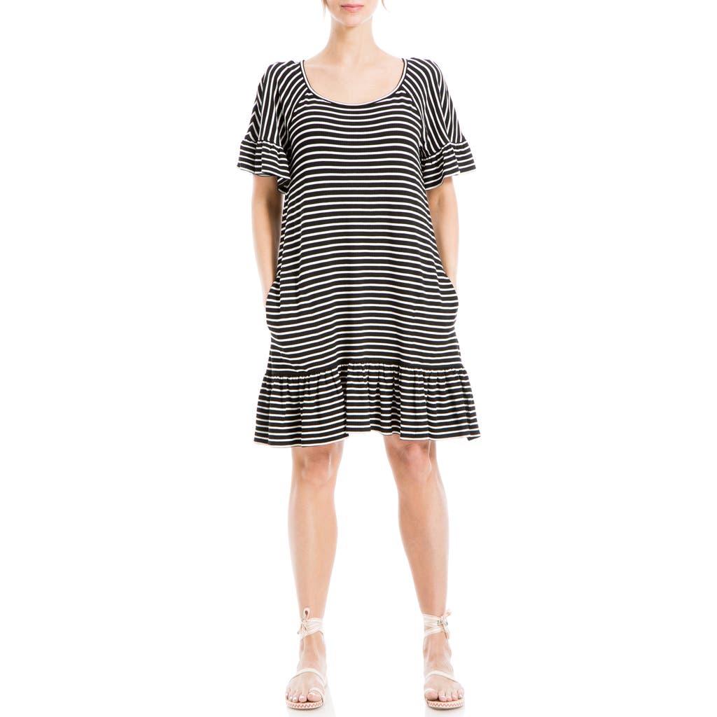 Max Studio Stripe Ruffle Short Sleeve Shift Dress In Black