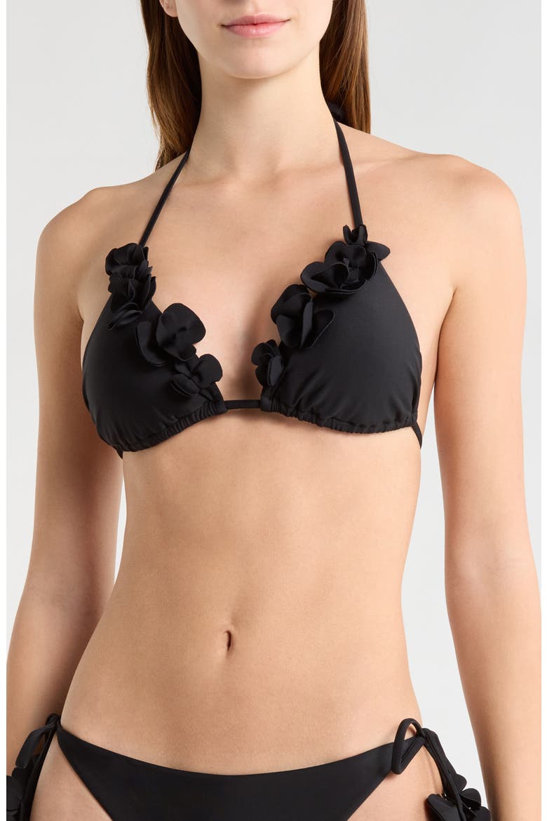 Nikoleta Floral Appliqué Triangle Bikini Top, Main, color, BLACK