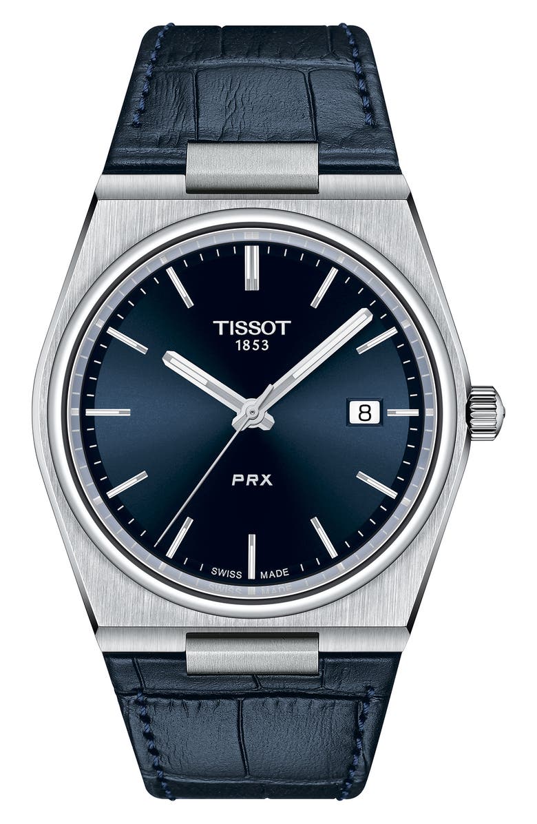 Tissot PRX Leather Strap Watch, 40mm, Main, color, Blue