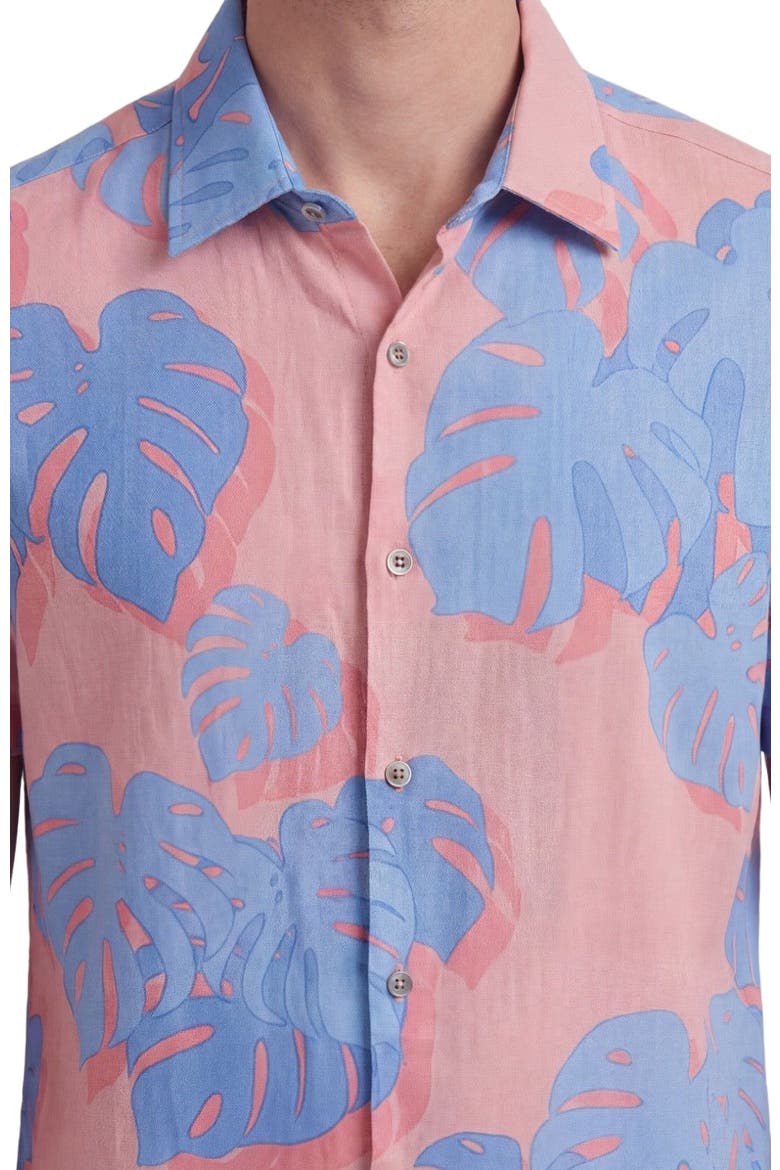 Monstera Floral Mens Linen Button-up Shirt, Alternate, color, MONSTERA FLORAL CORAL
