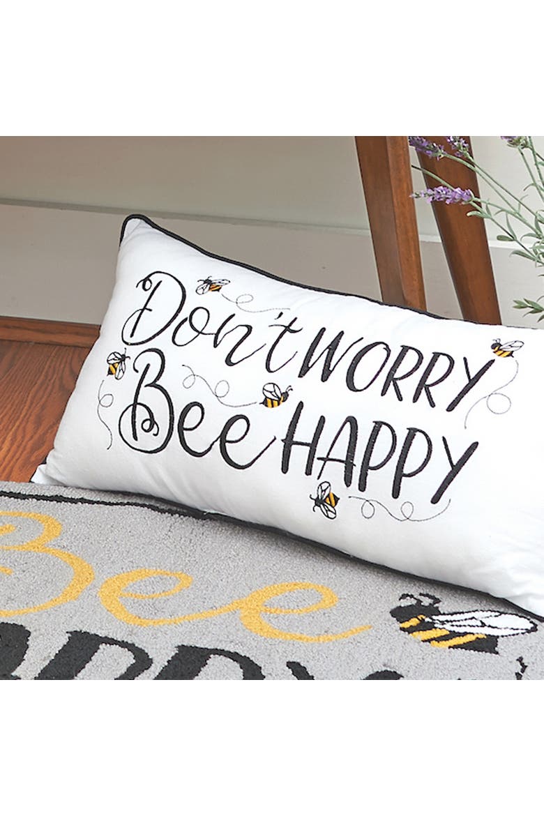 Don't Worry Bee Happy Embroidered Throw Pillow, 12" x 24", Alternate, color, White