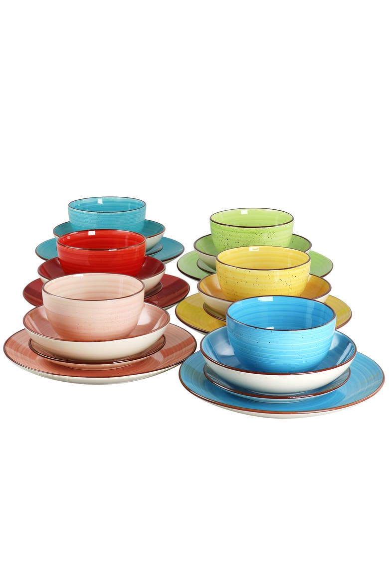 Sebastian 24 Piece Double Bowl Stoneware Dinnerware Set, Alternate, color, Pink