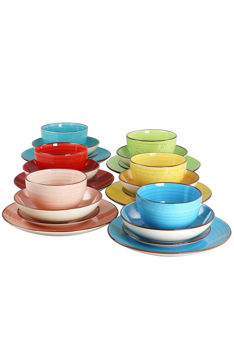 Elama Sebastian 24 Piece Double Bowl Stoneware Dinnerware Set, Alternate, color, Pink