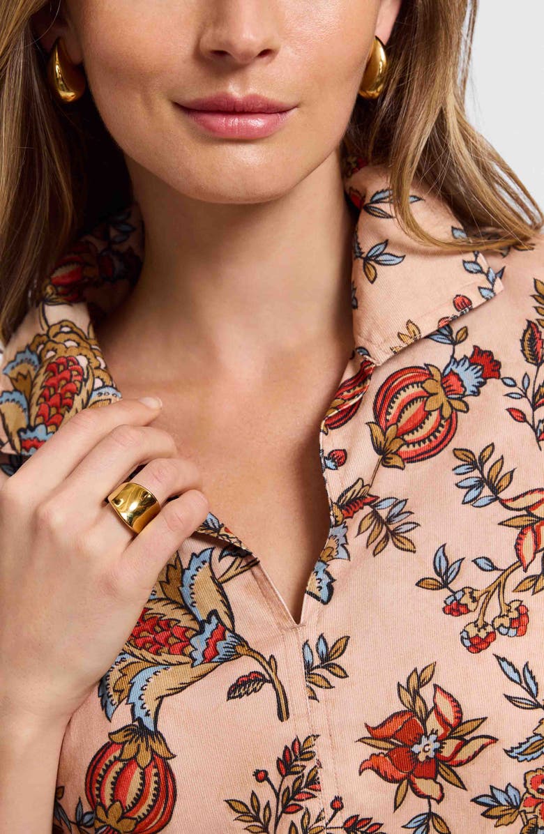 Foxcroft Agnes Autumn Leaf Print Long Sleeve Corduroy Belted Dress, Alternate, color, Camel Multi