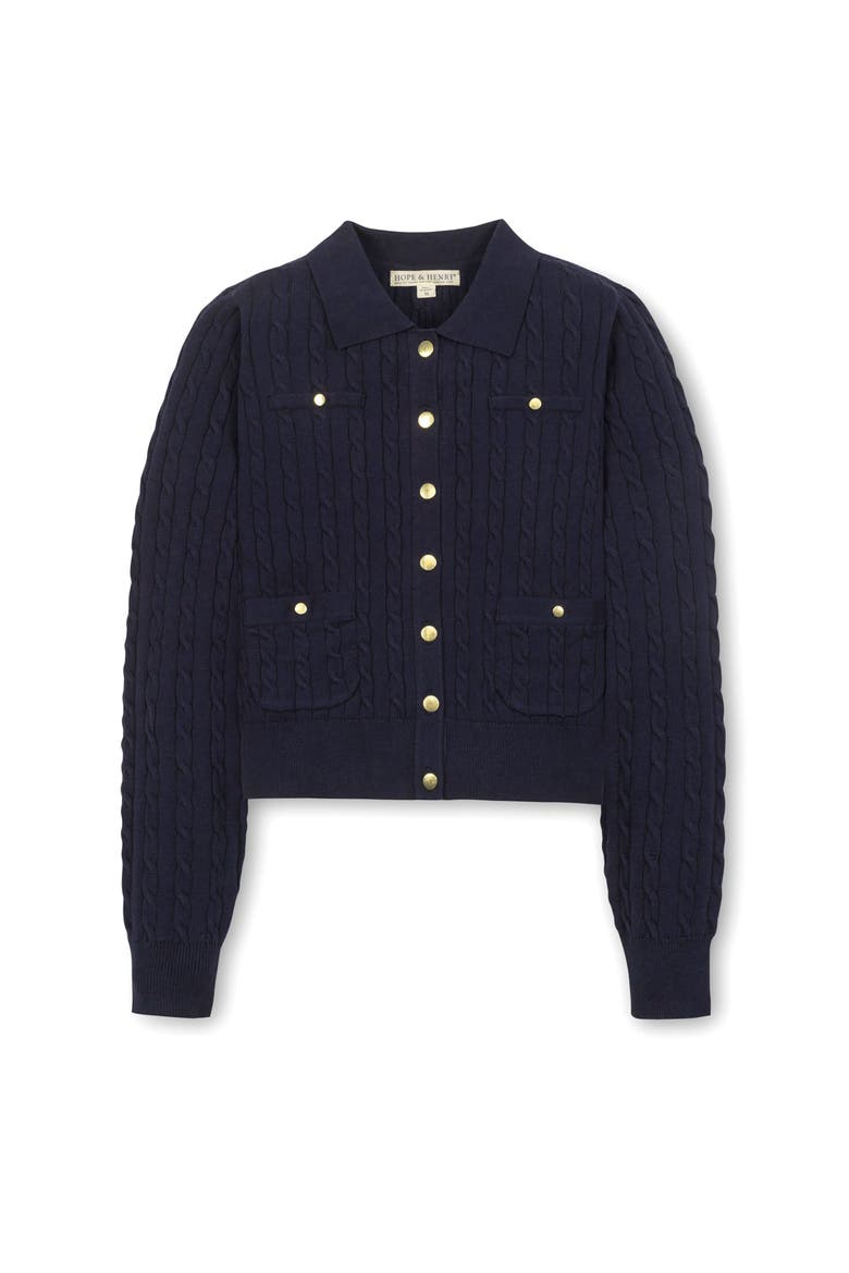 Organic Cable Knit Collared Cardigan Sweater, Alternate, color, Navy Cable