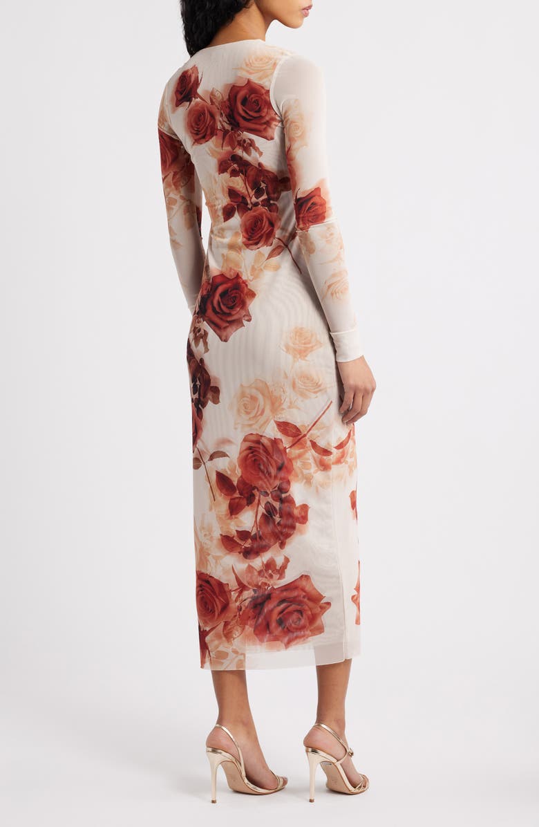 AFRM Cambria Print Long Sleeve Mesh Midi Dress, Alternate, color, Sepia Roses