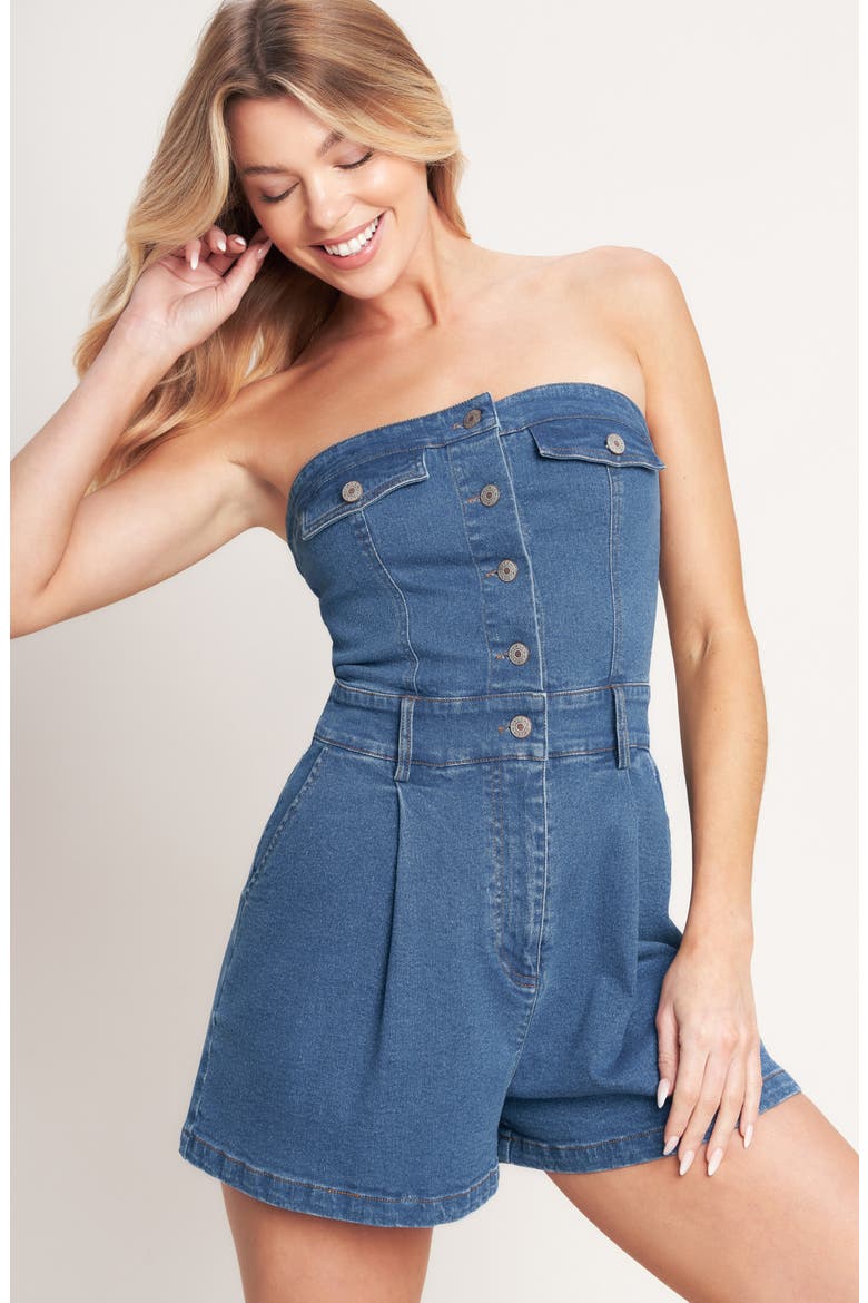 Strapless Denim Romper, Alternate, color, MEDIUM INDIGO