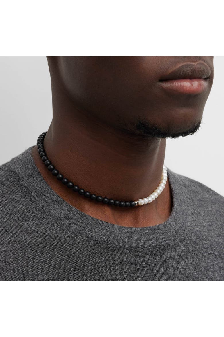 Diamond Accent Sterling Silver Freshwater Pearl And Black Agate Bead Necklace, Alternate, color, ONYX