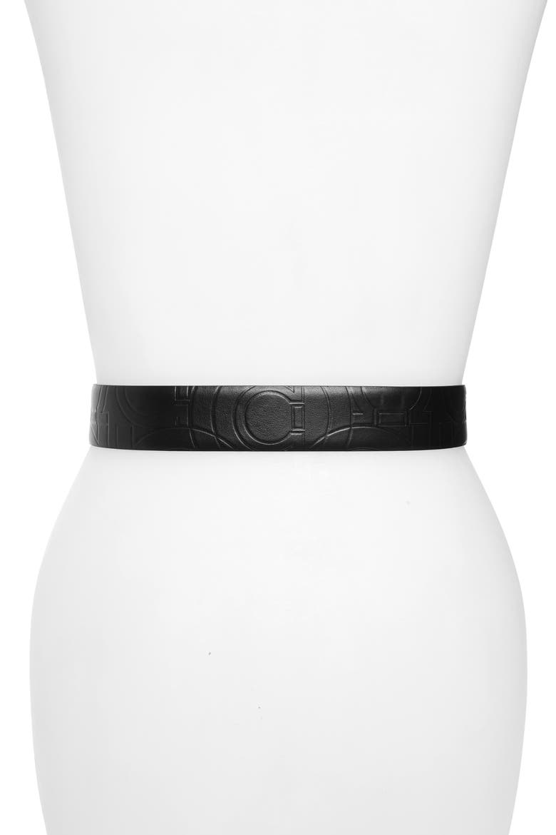 Salvatore Ferragamo Gancini Logo Embossed Leather Belt, Alternate, color, NERO
