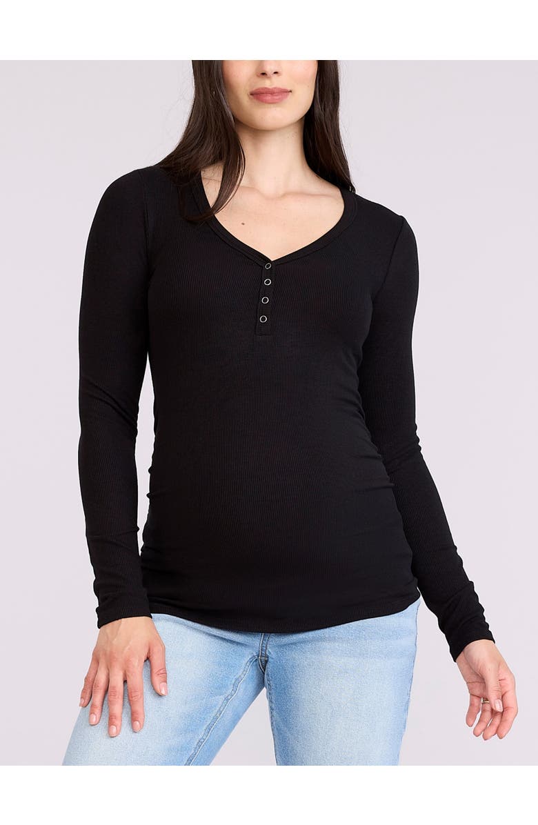 MOTHERHOOD MATERNITY V-Neck Side-Ruched Long Sleeve Henley Tee, Main, color, Black
