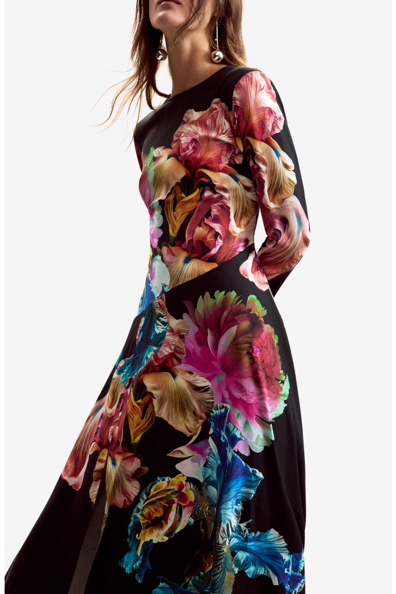 Floral Print Long Sleeve Midi Dress, Alternate, color, BLACK