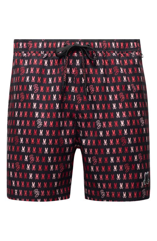 Psycho Bunny Ken Allover Print Swim Trunks In Black