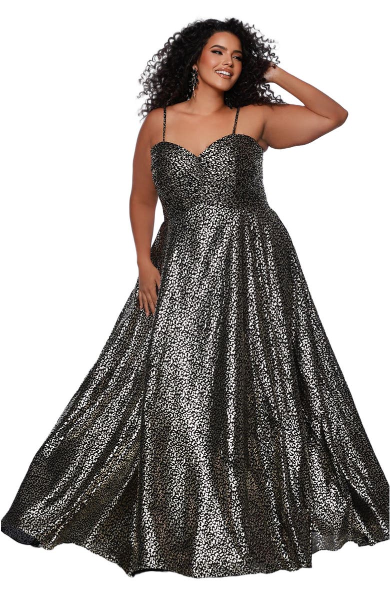 Sydney's Closet Animal Print Spaghetti Strap Plus Size A-Line Gown, Main, color, Animal Print