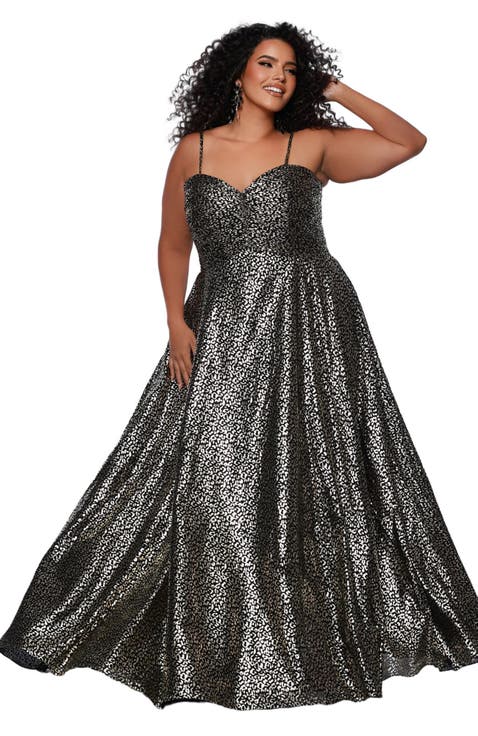 Animal Print Spaghetti Strap Plus Size A-Line Gown