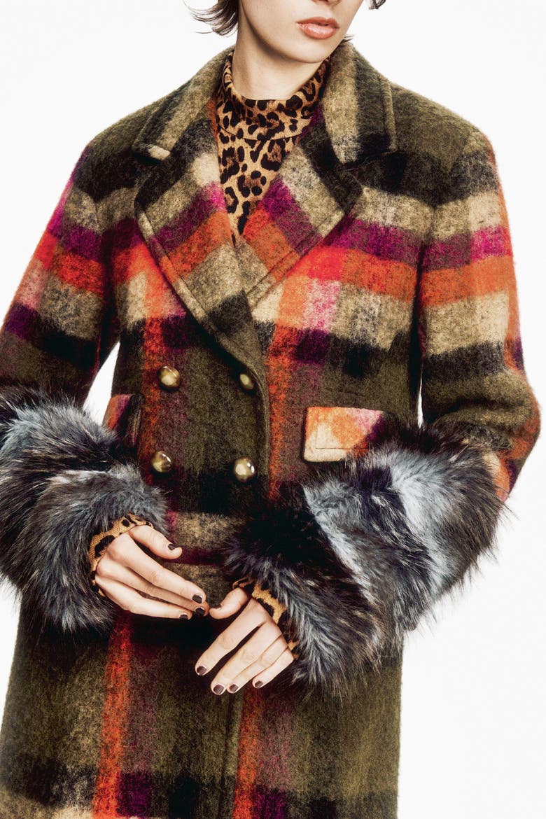 Brushed Wool Plaid and Charcoal Faux Fur, Alternate, color, AUTUMN MULTI