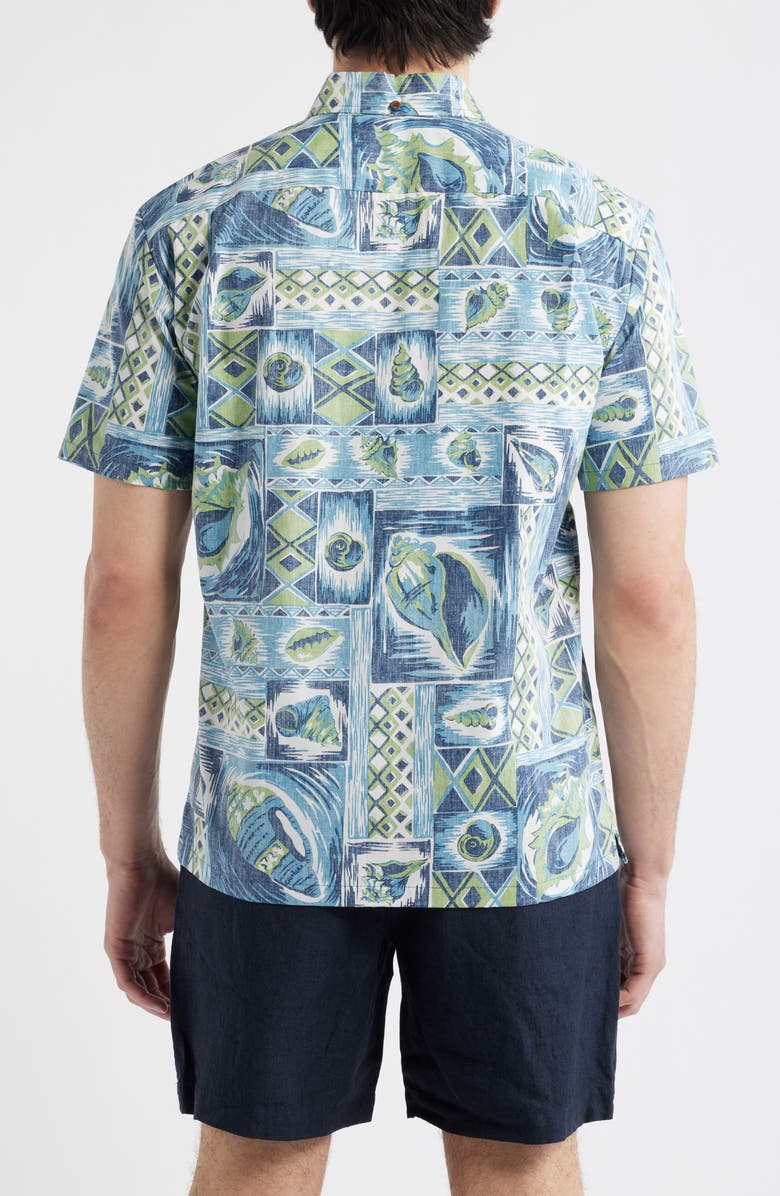 Kahala King's Shells Short Sleeve Cotton Button-Down Shirt, Alternate, color, Ocean Blue