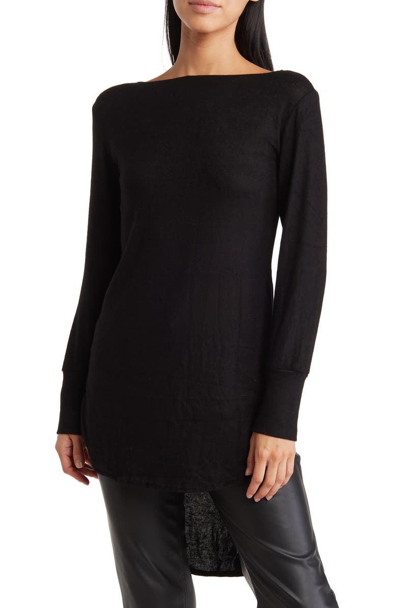 GO COUTURE Boatneck High/Low Hem Tunic Top, Main, color, Black Print 1