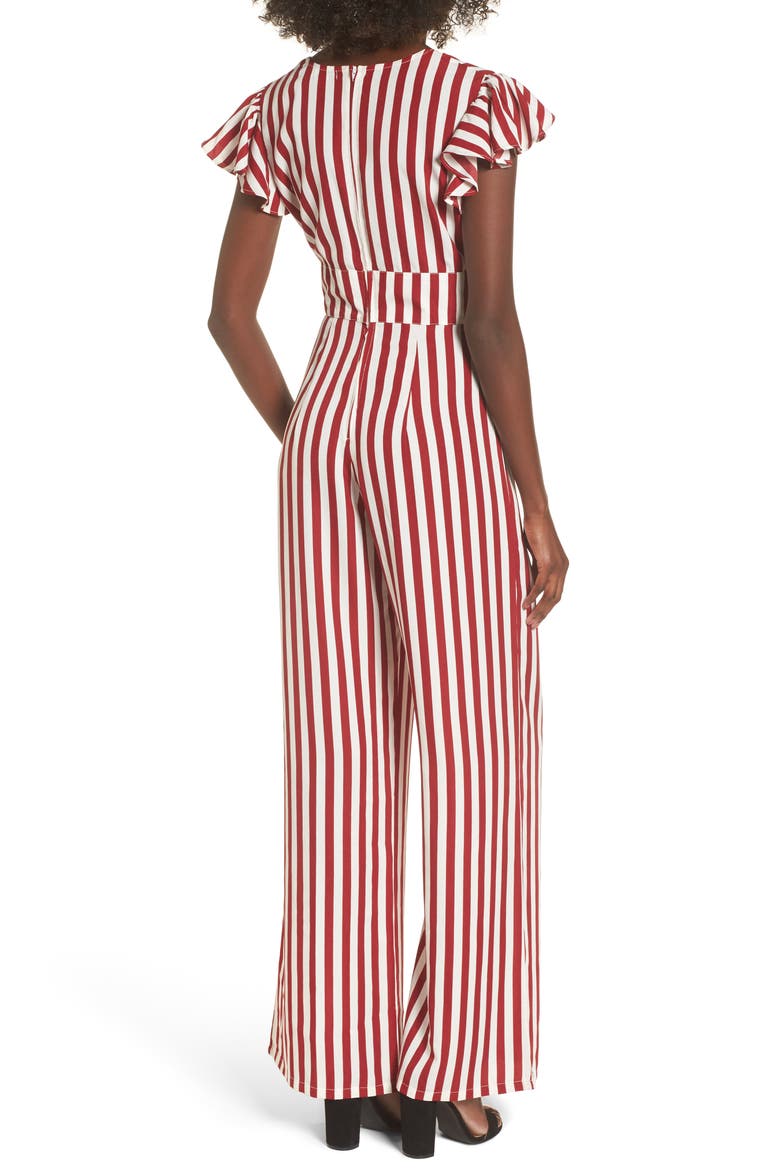 Tie Front Wide Leg Jumpsuit, Alternate, color, RED WHITE STRIPE