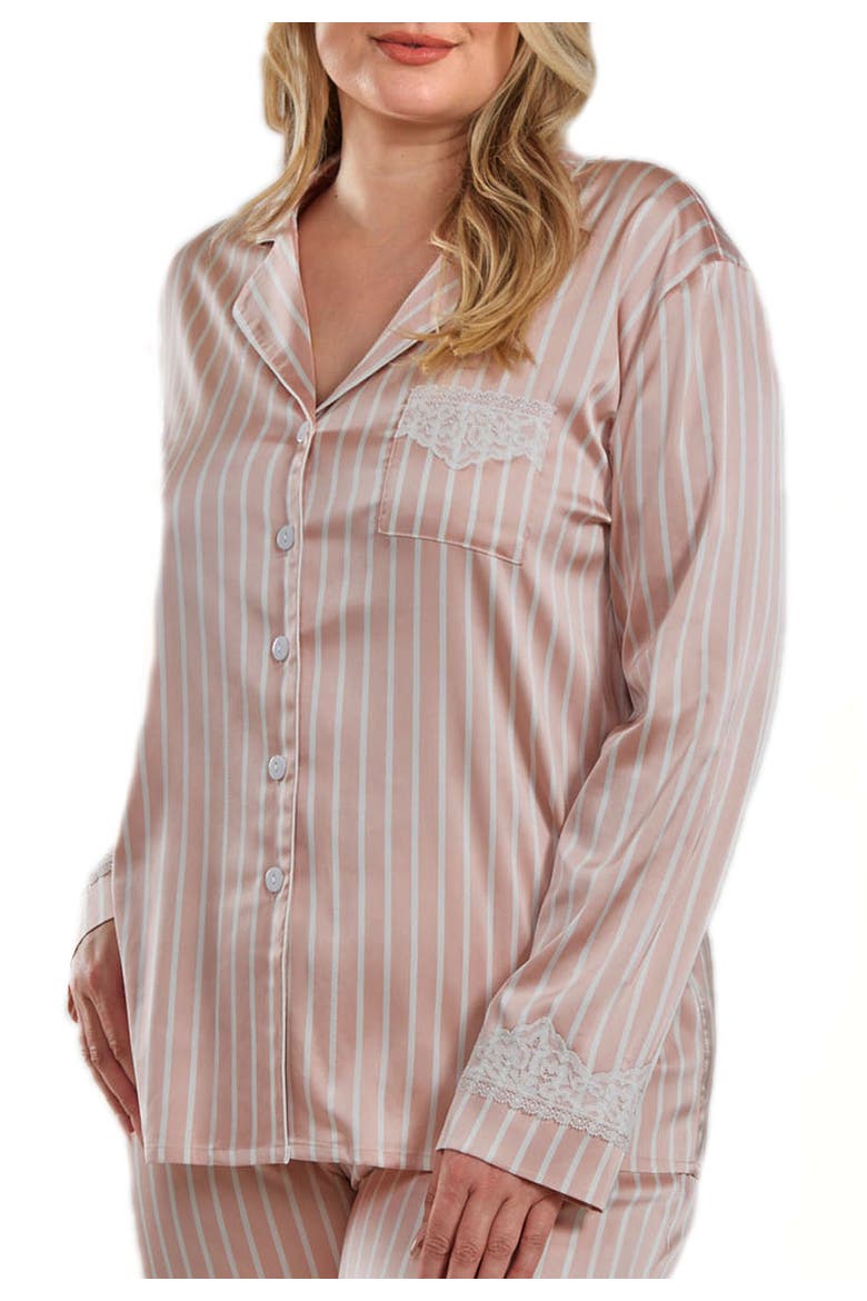 Stretch Satin Button-Down Pant Set with Lace Trim, Alternate, color, Pink