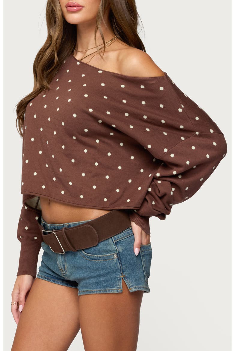 Oversize Off the Shoulder Polka Dot Sweater, Alternate, color, BROWN