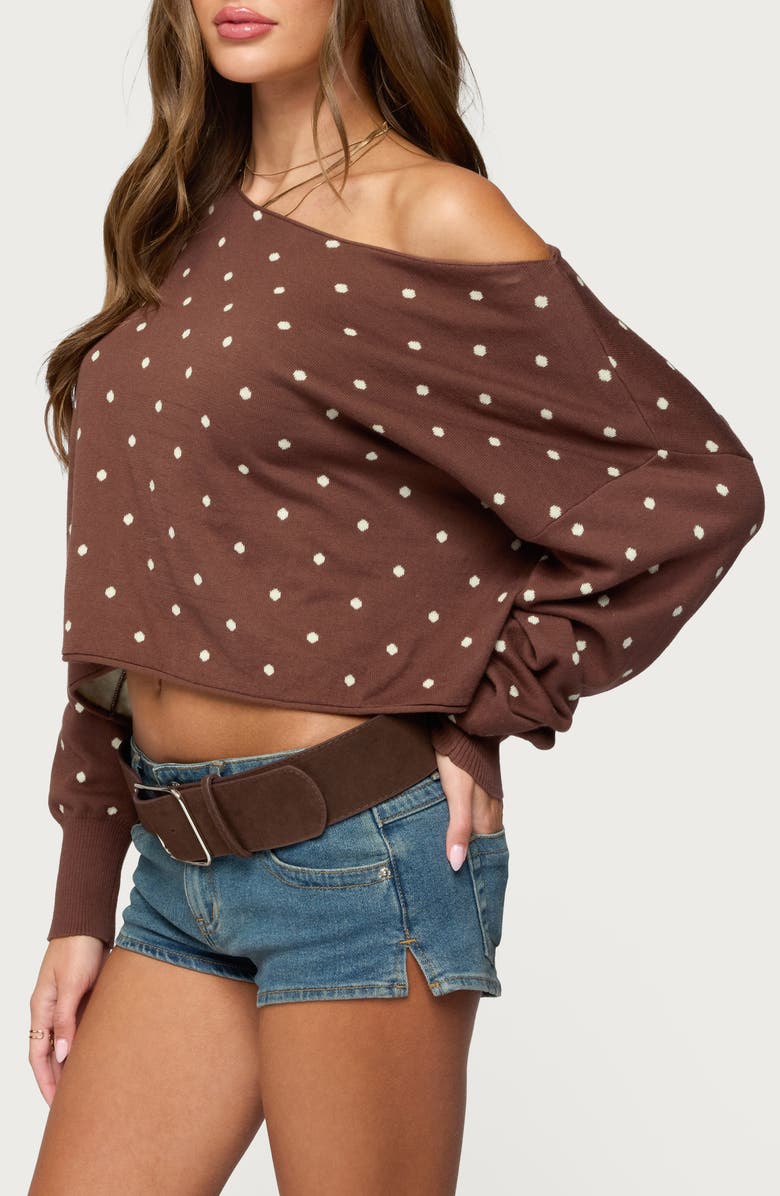 EDIKTED Oversize Off the Shoulder Polka Dot Sweater, Alternate, color, Brown