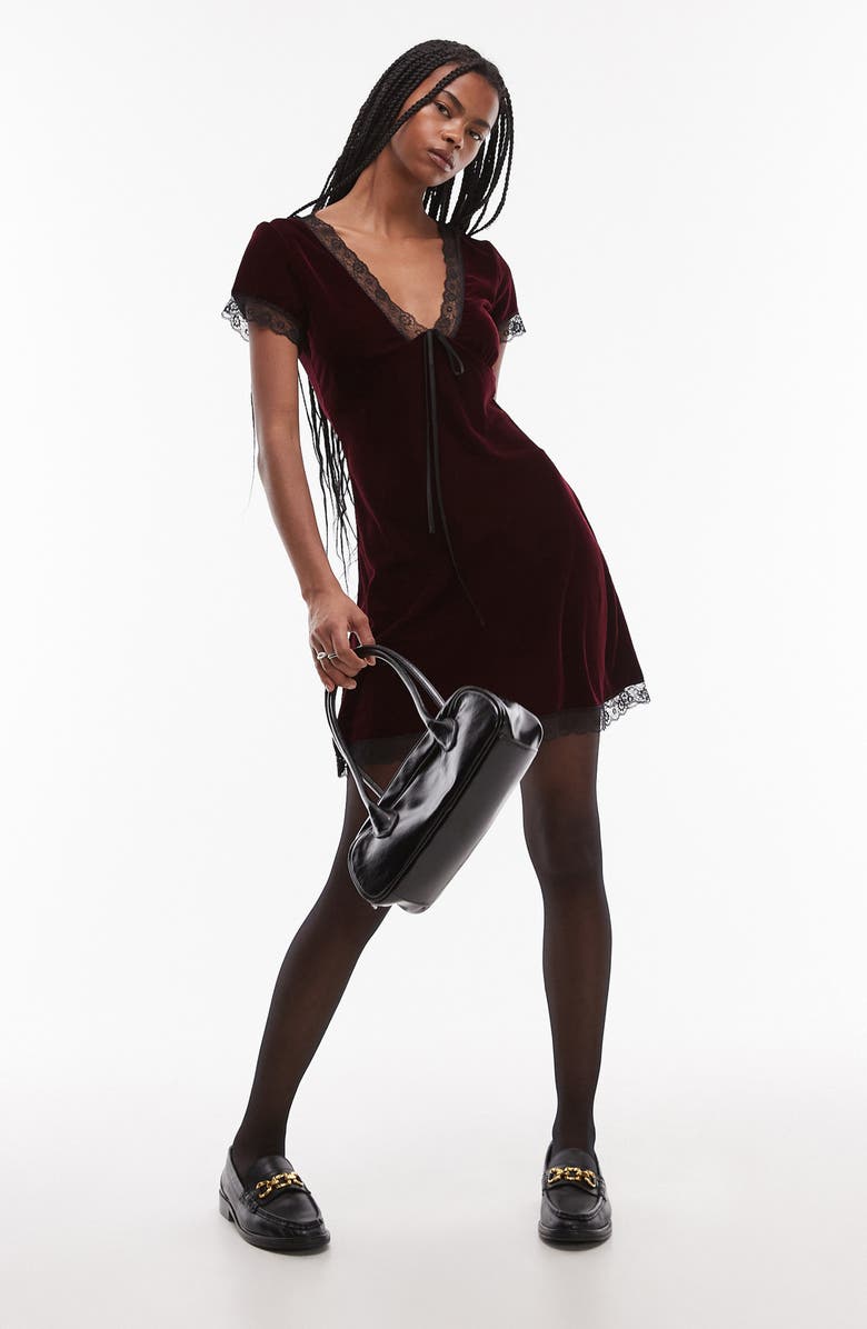 Topshop Lace Trim Velvet Minidress, Main, color,