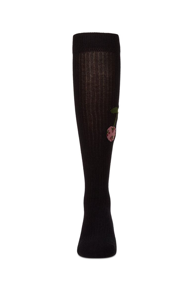 Ribbed Cherry Embroidered Knee Sock, Alternate, color, Black